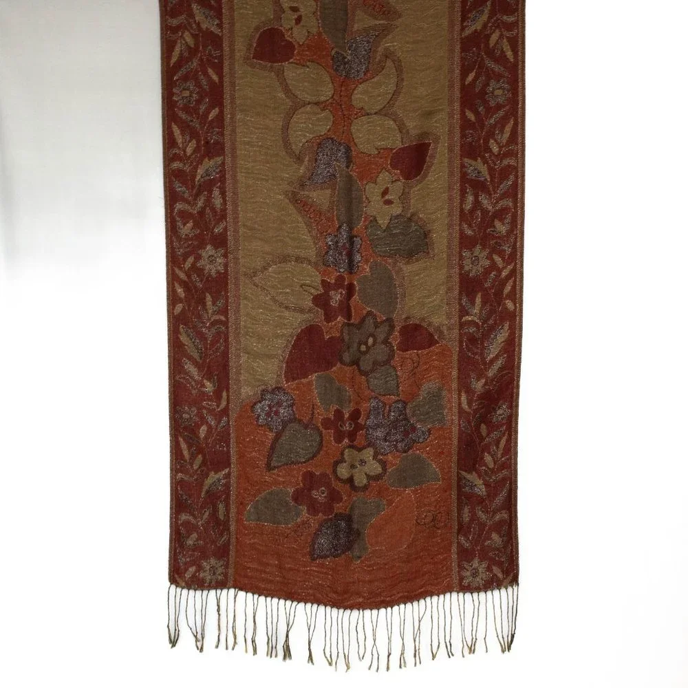 Hand-Woven Double-Sided Wrap Shawl w Floral Design & Sparkly Silver Tread Accent